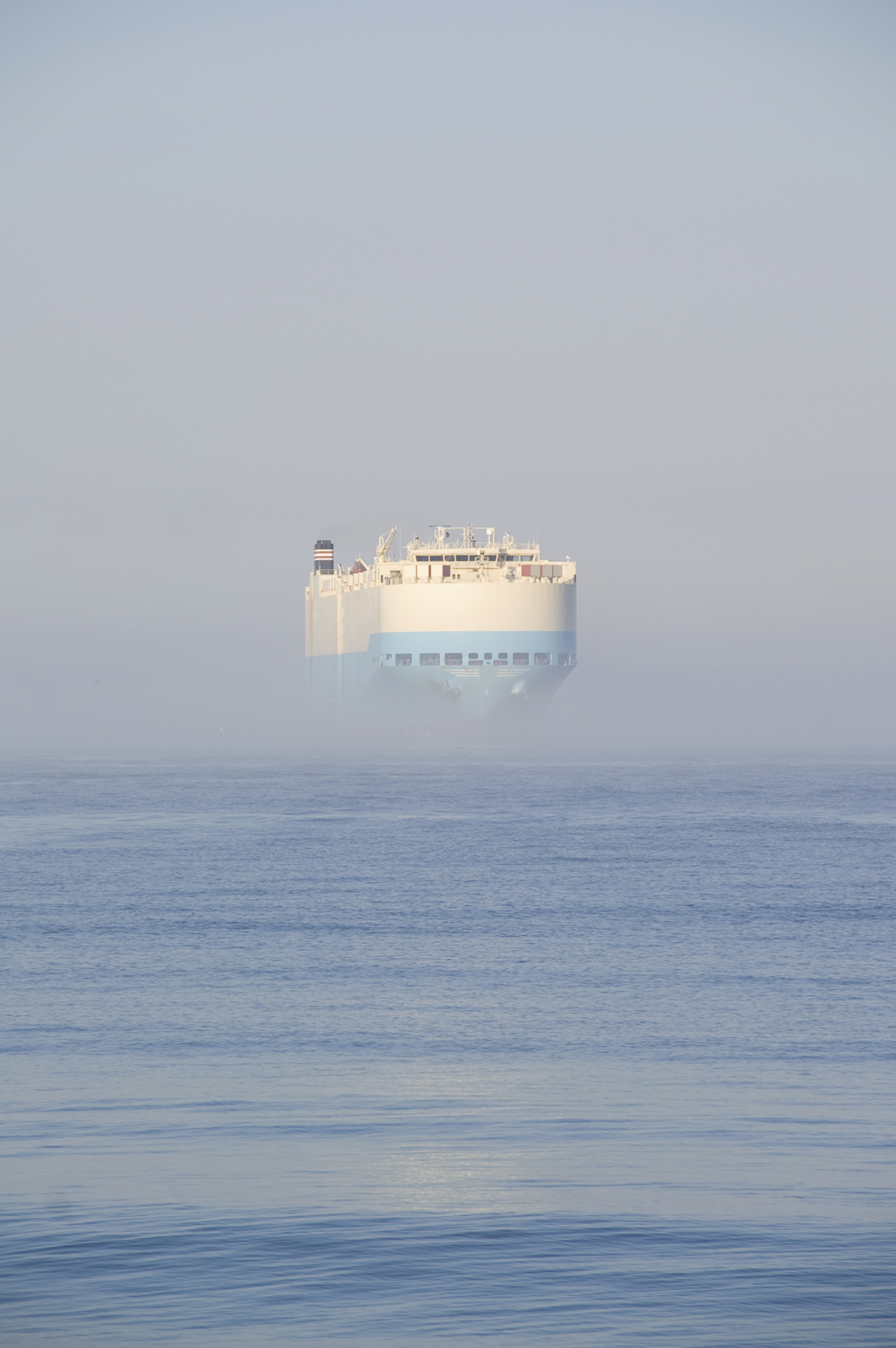 Groot containerschip in dichte mist